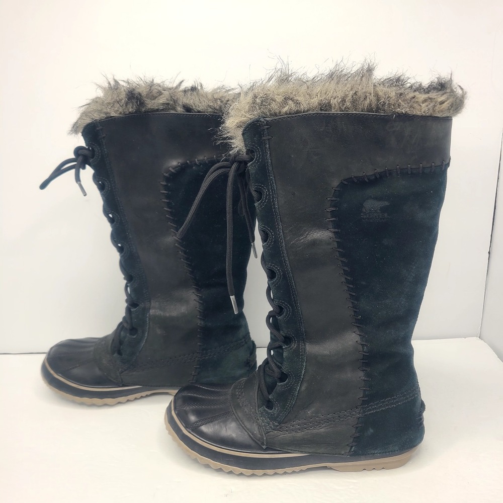 SOREL Cate the Great Winter Tall Suede Leather Boots Womens 7 Faux‎ Fur Black - Picture 3 of 9